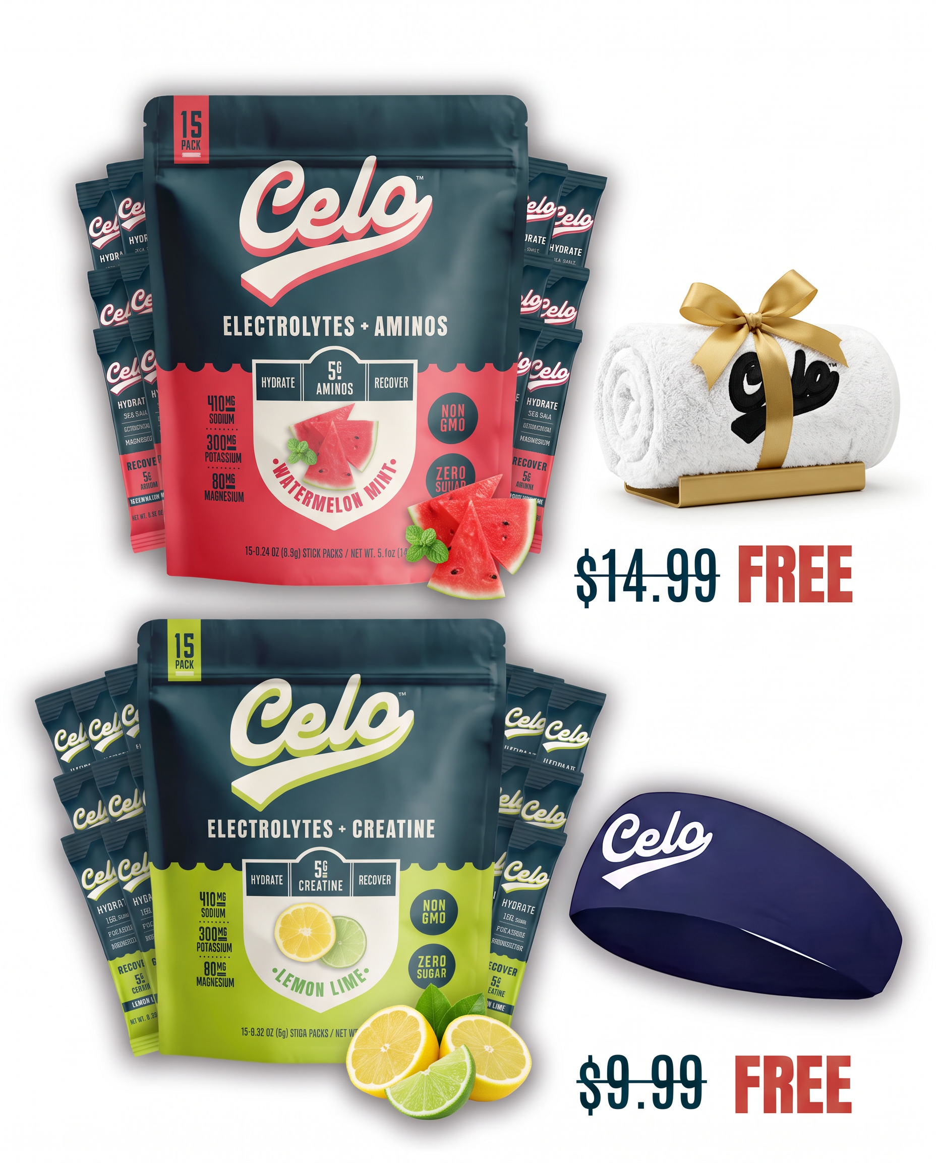 Celo Athlete Bundle — Watermelon Mint and Lemon Lime pouches with a free Celo Performance Headband and Towel