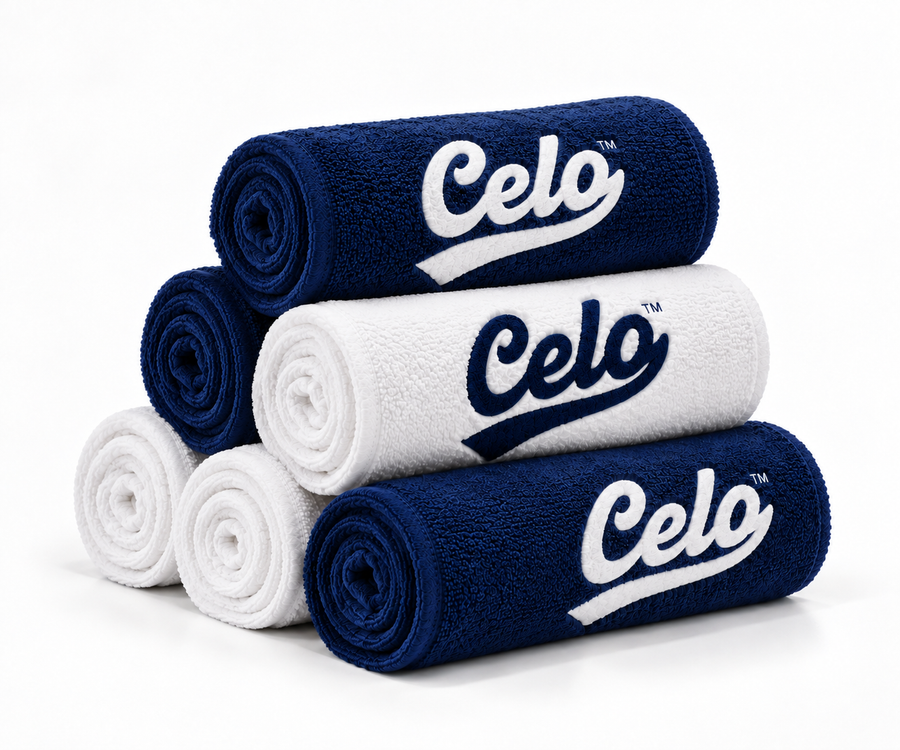 Rolled Celo Performance Towels in navy and white